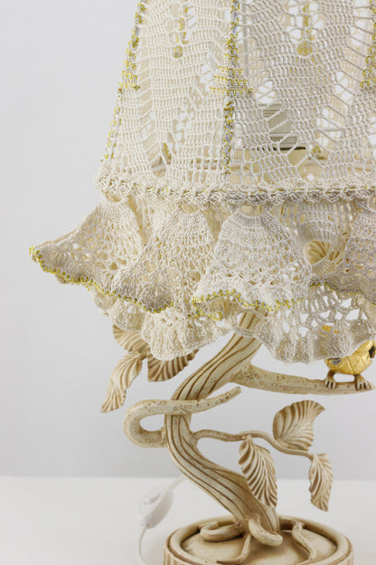 Victorian crochet table lamp with artistic wrought iron base