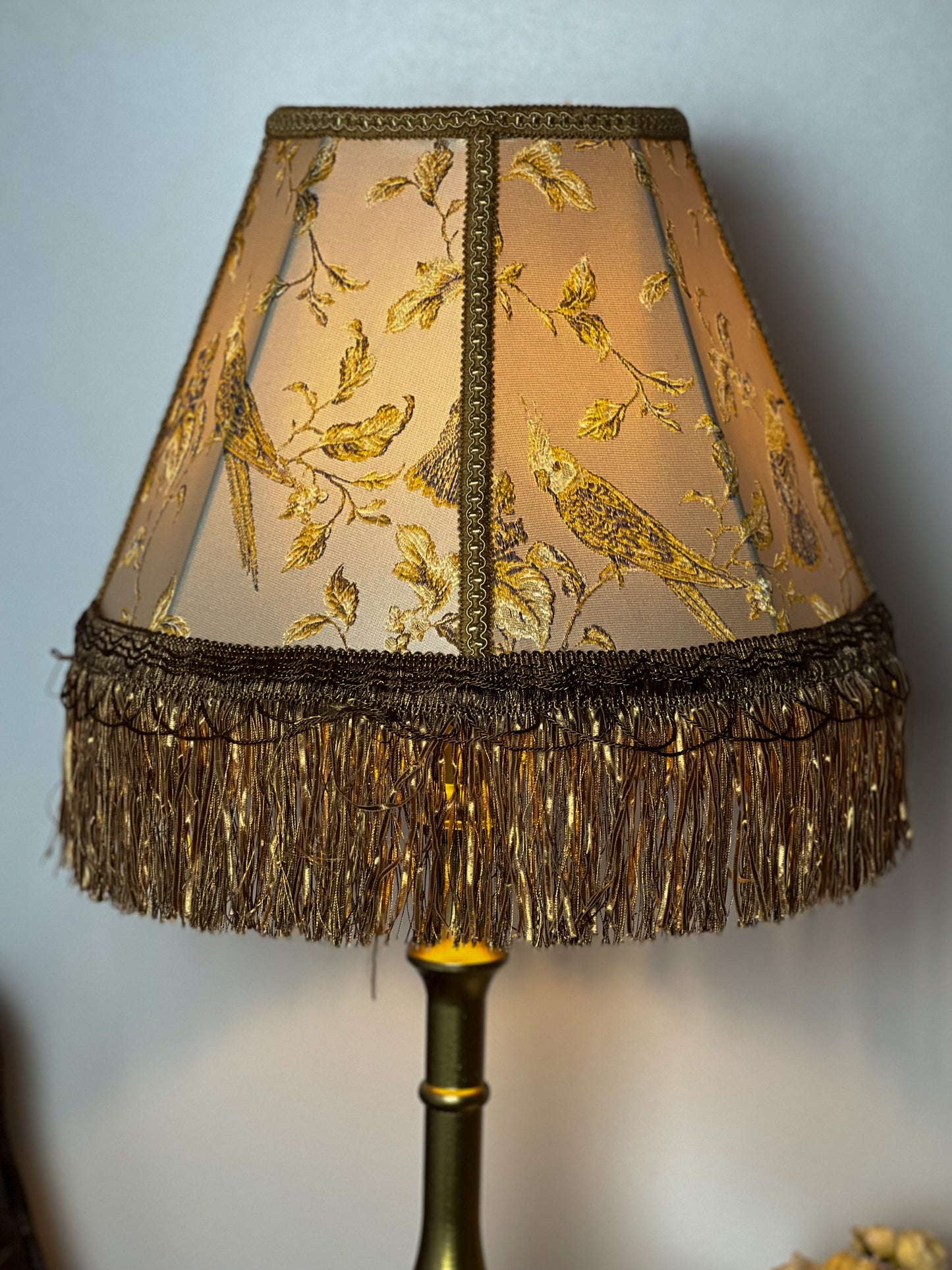 Lampshade. Victorian coffee-colored fabric lampshade with birds.