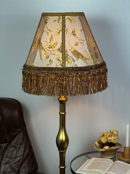 Lampshade. Victorian coffee-colored fabric lampshade with birds.