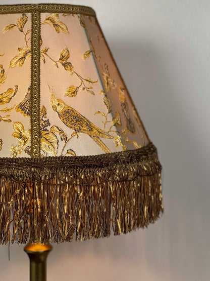 Lampshade. Victorian coffee-colored fabric lampshade with birds.