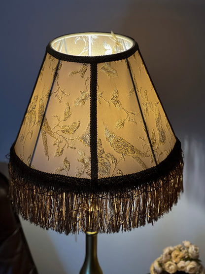 Lampshade. Victorian coffee-colored fabric lampshade with birds.