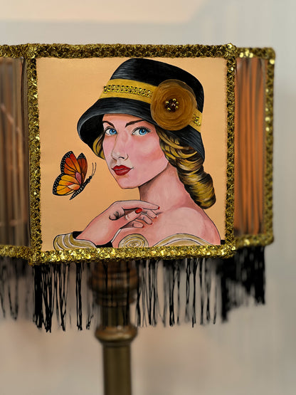 Lampshade, Art Deco style - handmade fringed lampshade, girl in a hat, artistic product. 2806