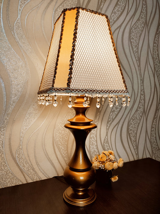 Bedside table lamp. Elegant Victorian silk lampshade.  Golden luster. Bronze-colored wooden base. 6401