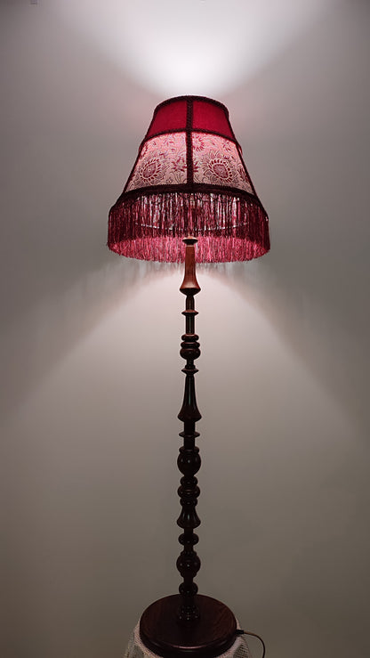 Floor lamp,  Elegant Vintage-Inspired Floor Lamp with Rich Ruby Shade, Delicate Floral Embroidery & Luxurious Fringe Details on a Sculpted Wooden Base. 3104