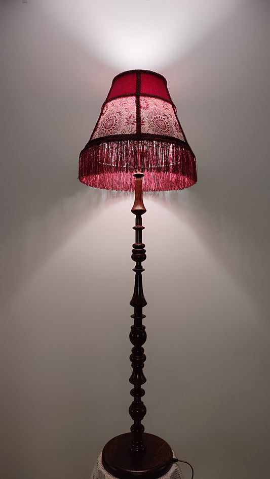 Floor lamp,  Elegant Vintage-Inspired Floor Lamp with Rich Ruby Shade, Delicate Floral Embroidery & Luxurious Fringe Details on a Sculpted Wooden Base