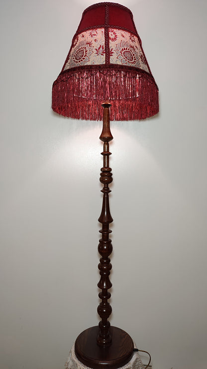 Floor lamp,  Elegant Vintage-Inspired Floor Lamp with Rich Ruby Shade, Delicate Floral Embroidery & Luxurious Fringe Details on a Sculpted Wooden Base. 3104