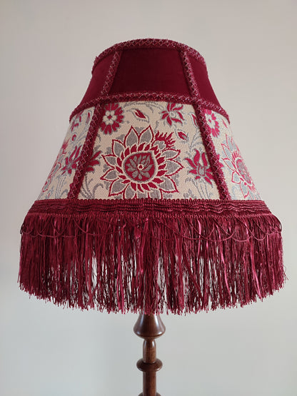 Floor lamp,  Elegant Vintage-Inspired Floor Lamp with Rich Ruby Shade, Delicate Floral Embroidery & Luxurious Fringe Details on a Sculpted Wooden Base. 3104