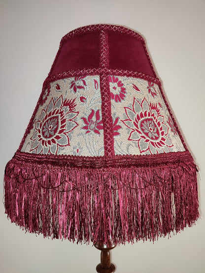 Floor lamp,  Elegant Vintage-Inspired Floor Lamp with Rich Ruby Shade, Delicate Floral Embroidery & Luxurious Fringe Details on a Sculpted Wooden Base. 3104