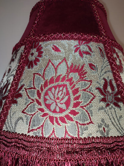 Floor lamp,  Elegant Vintage-Inspired Floor Lamp with Rich Ruby Shade, Delicate Floral Embroidery & Luxurious Fringe Details on a Sculpted Wooden Base. 3104