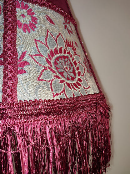 Floor lamp,  Elegant Vintage-Inspired Floor Lamp with Rich Ruby Shade, Delicate Floral Embroidery & Luxurious Fringe Details on a Sculpted Wooden Base. 3104