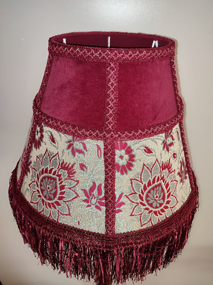 Floor lamp,  Elegant Vintage-Inspired Floor Lamp with Rich Ruby Shade, Delicate Floral Embroidery & Luxurious Fringe Details on a Sculpted Wooden Base. 3104