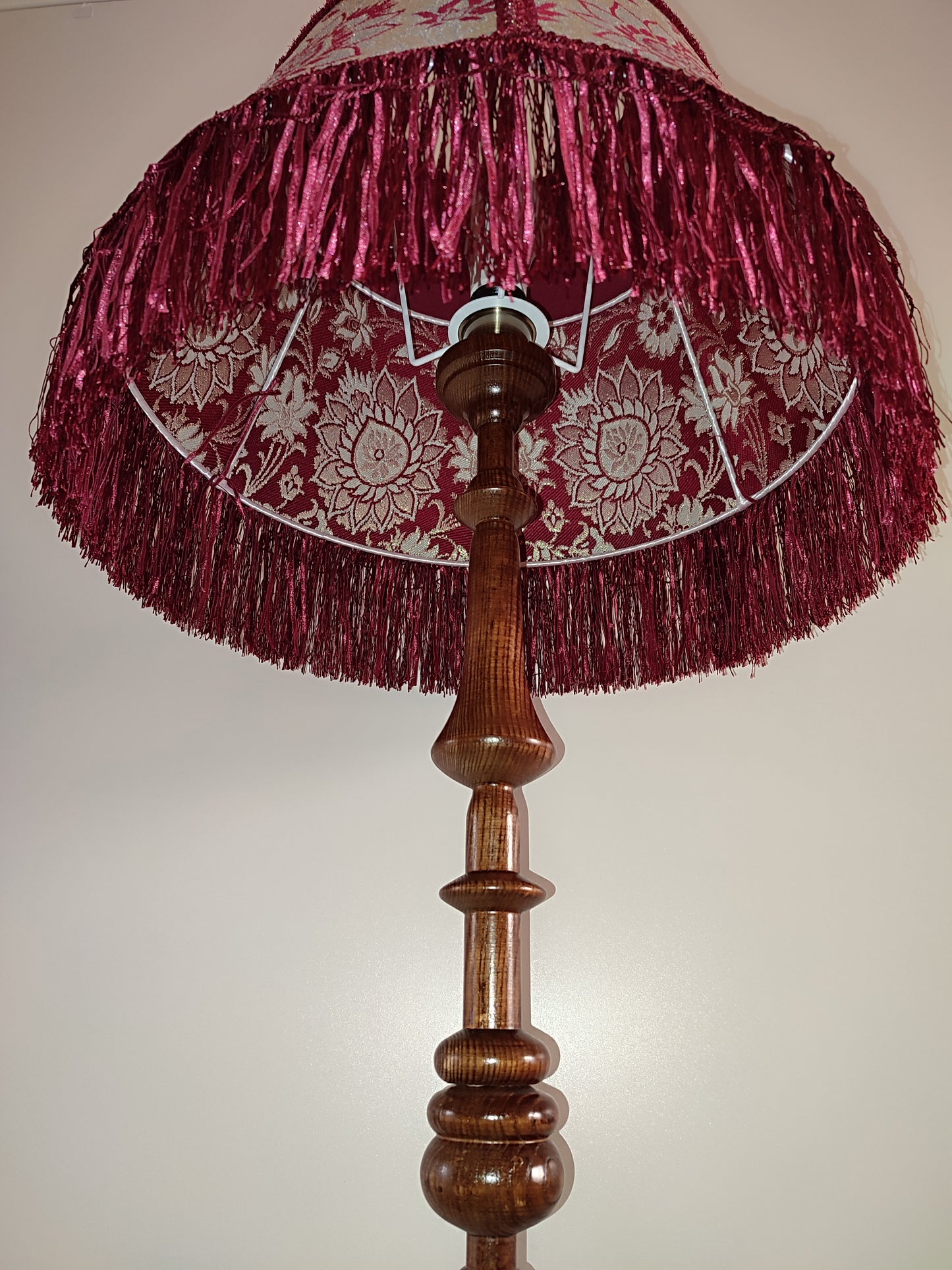 Floor lamp,  Elegant Vintage-Inspired Floor Lamp with Rich Ruby Shade, Delicate Floral Embroidery & Luxurious Fringe Details on a Sculpted Wooden Base. 3104