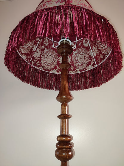 Floor lamp,  Elegant Vintage-Inspired Floor Lamp with Rich Ruby Shade, Delicate Floral Embroidery & Luxurious Fringe Details on a Sculpted Wooden Base. 3104