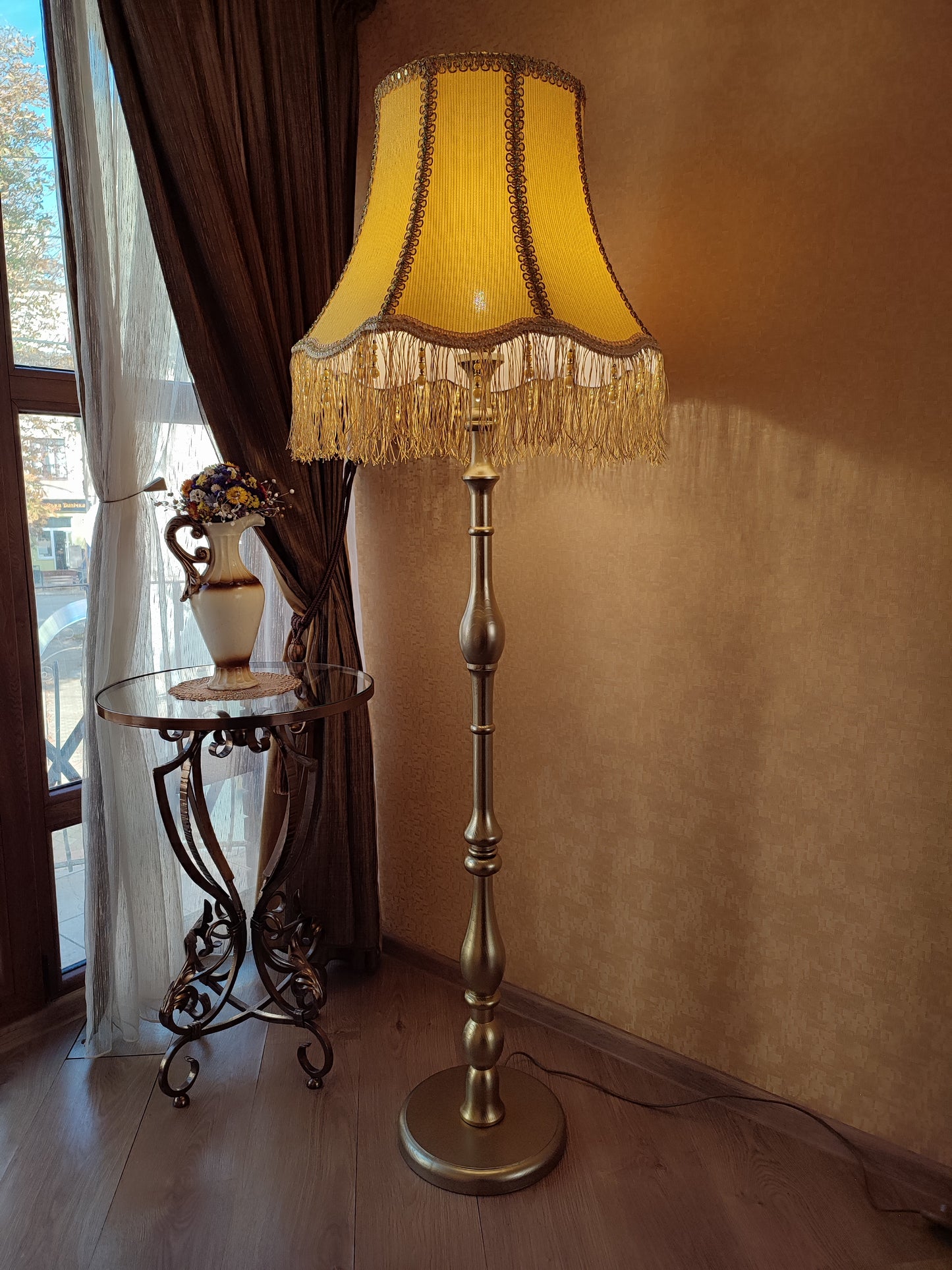 Floor lamp with yellow fabric shade with fringe. 4701 Product to order!
