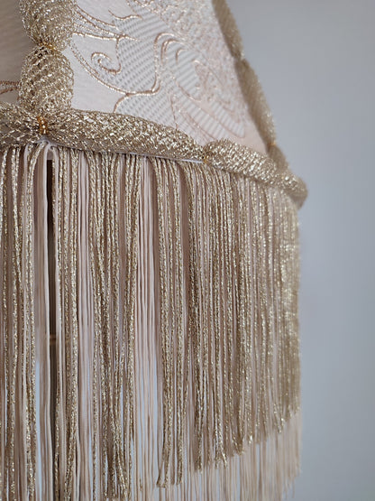 Lampshade, an elegant table lamp shade with golden fringe in a vintage style for classic home decor. 0502