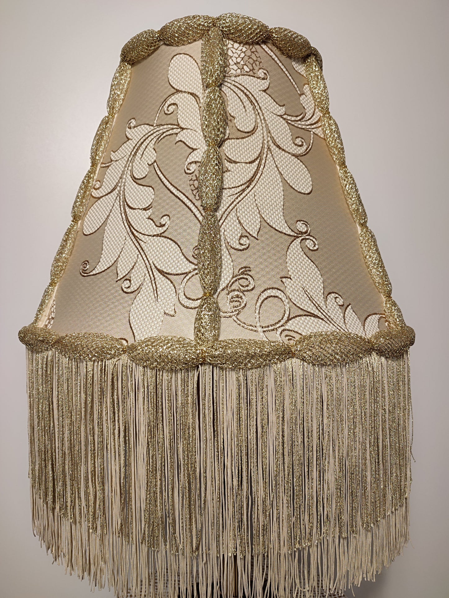 Lampshade, an elegant table lamp shade with golden fringe in a vintage style for classic home decor. 0502