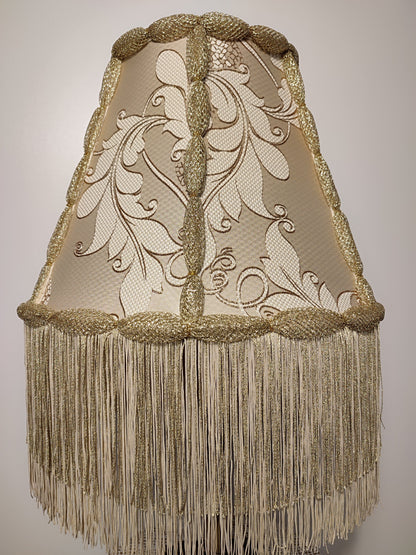 Lampshade, an elegant table lamp shade with golden fringe in a vintage style for classic home decor. 0502