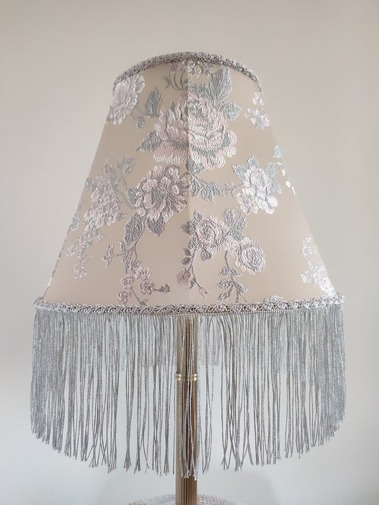 A pearlescent pink lampshade with a rose pattern, handmade for a floor lamp or table lamp.  № 0503