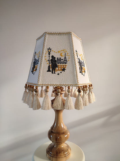 Table lamp. Unique lampshade with embroidery and decor, lacquered wooden base. 4603