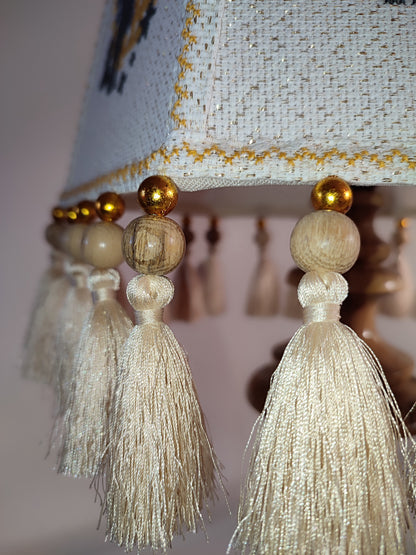 Table lamp. Unique lampshade with embroidery and decor, lacquered wooden base. 4603
