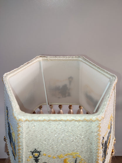 Table lamp. Unique lampshade with embroidery and decor, lacquered wooden base. 4603