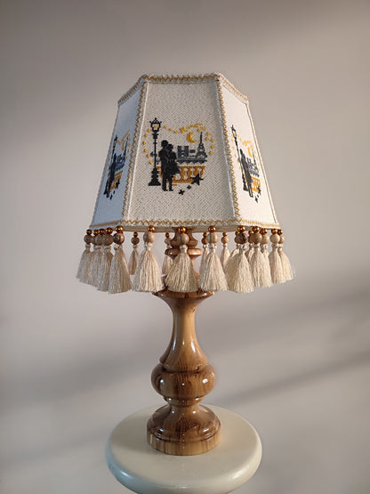 Table lamp. Unique lampshade with embroidery and decor, lacquered wooden base. 4603
