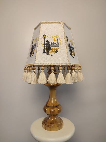 Table lamp. Unique lampshade with embroidery and decor, lacquered wooden base. 4603