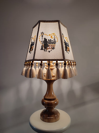 Table lamp. Unique lampshade with embroidery and decor, lacquered wooden base. 4603