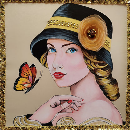 Lampshade, Art Deco style - handmade fringed lampshade, girl in a hat, artistic product. 2806
