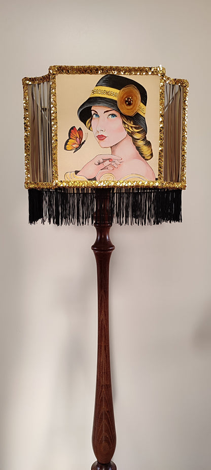 Lampshade, Art Deco style - handmade fringed lampshade, girl in a hat, artistic product. 2806