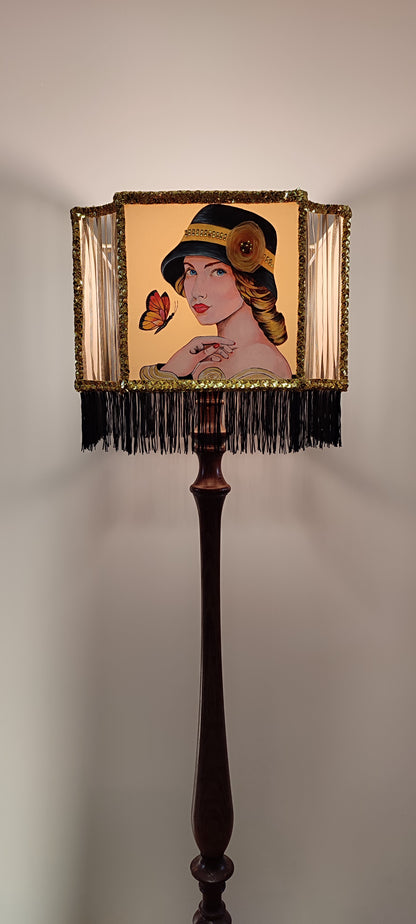 Lampshade, Art Deco style - handmade fringed lampshade, girl in a hat, artistic product. 2806