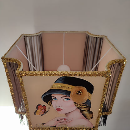 Lampshade, Art Deco style - handmade fringed lampshade, girl in a hat, artistic product. 2806