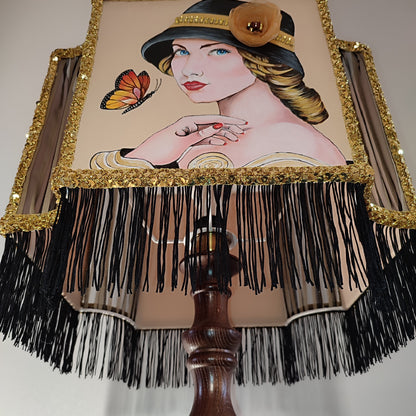 Lampshade, Art Deco style - handmade fringed lampshade, girl in a hat, artistic product. 2806