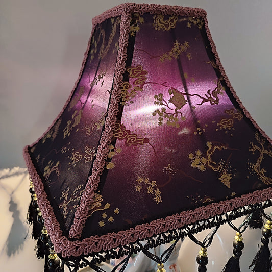 Black and lilac Japanese-style lampshade with print and fringe.  PRODUCT TO ORDER