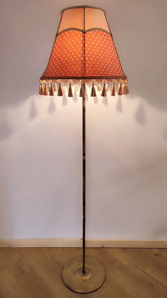 Floor lamp with a two-tone fabric shade.  PRODUCT TO ORDER. 3606