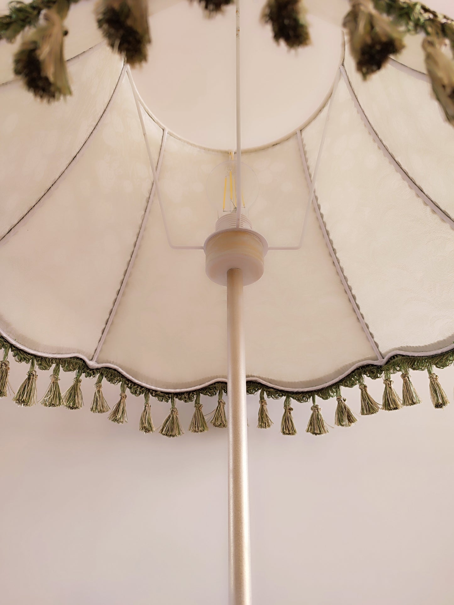 A large light green lampshade with fringe for floor lamps. № 4702