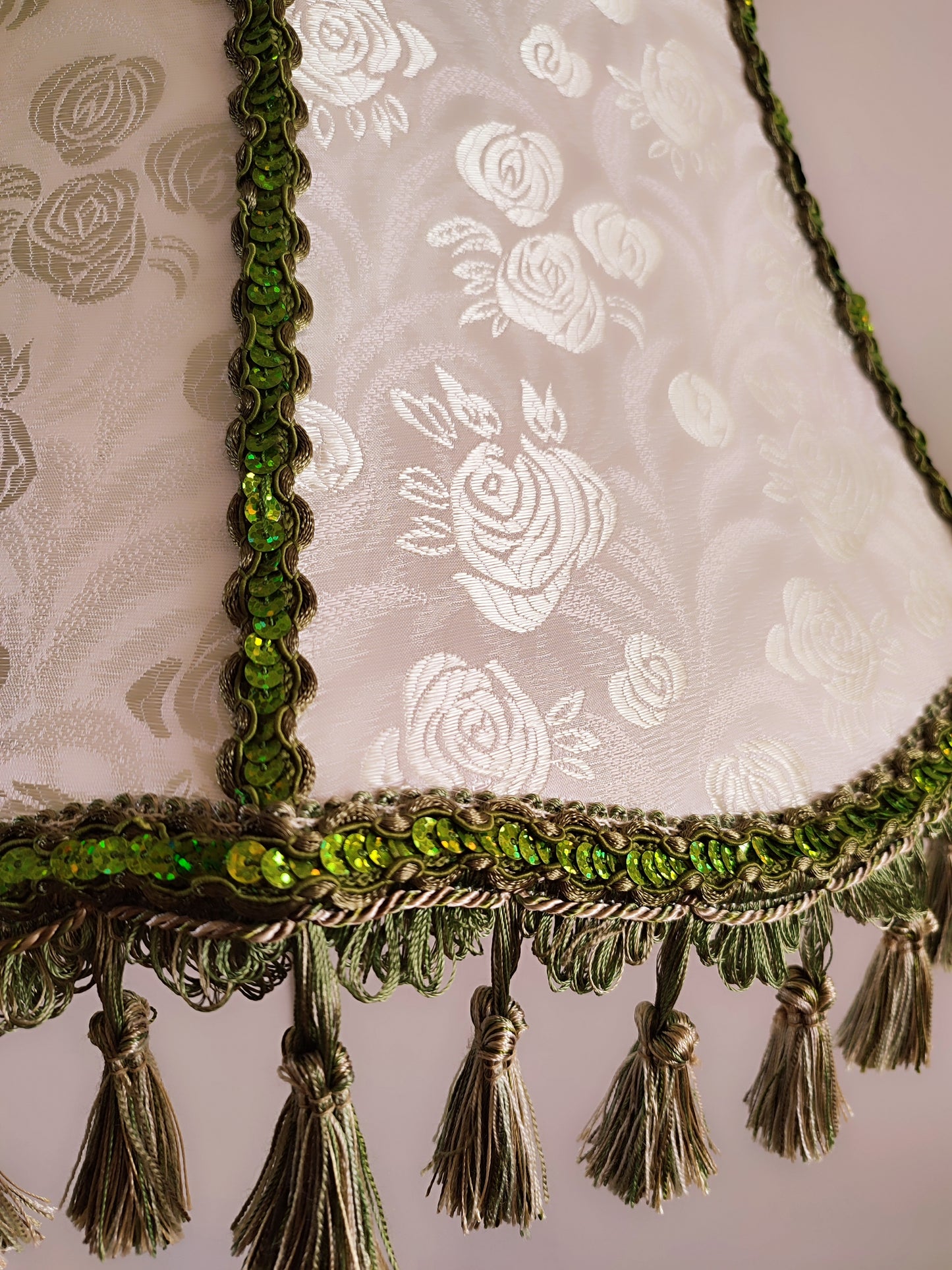 A large light green lampshade with fringe for floor lamps. № 4702