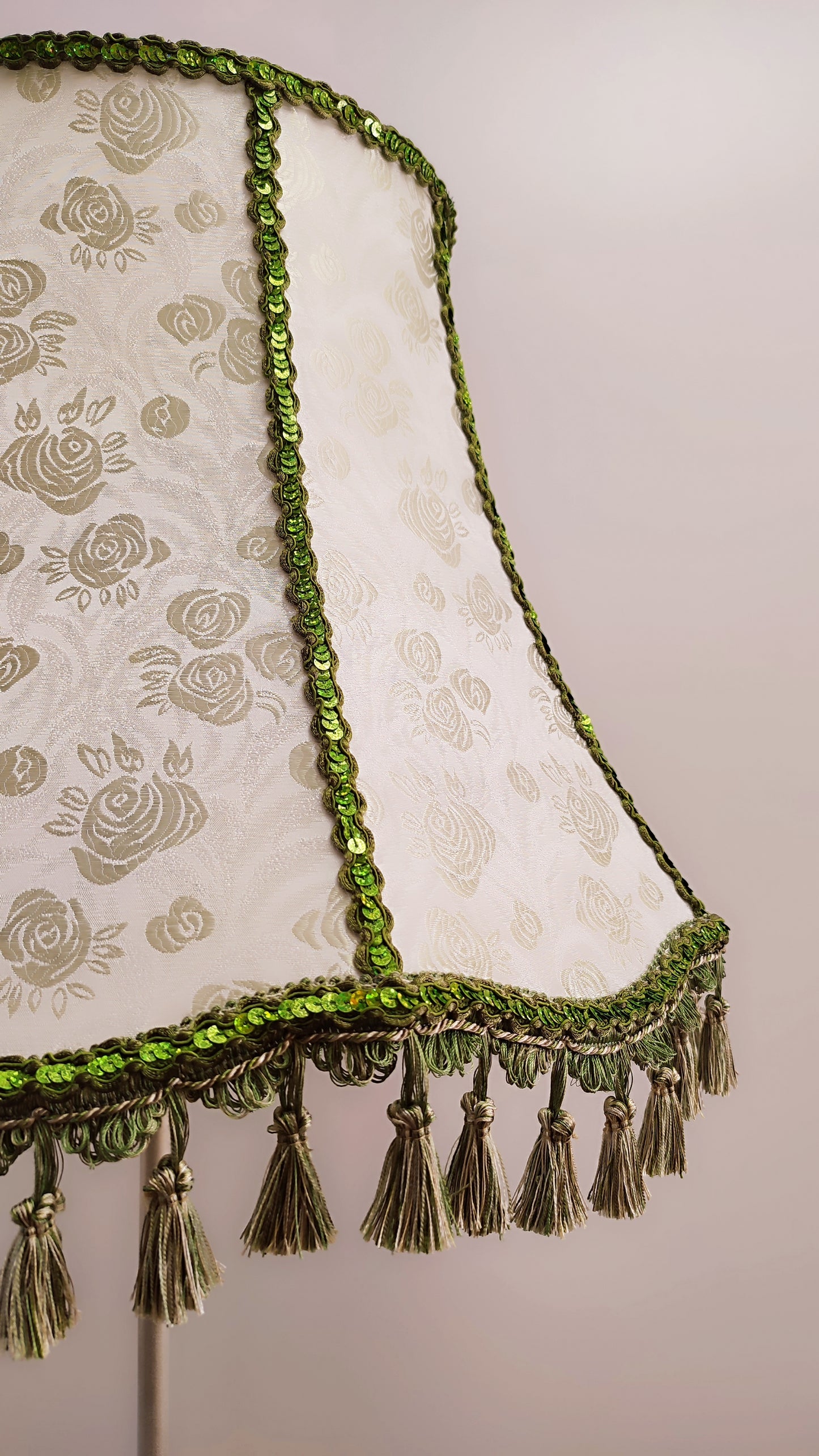 A large light green lampshade with fringe for floor lamps. № 4702