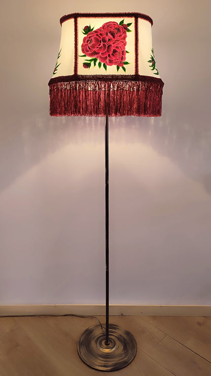 Fabric lampshade with painted peonies fringed lampshade. № 5304