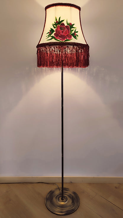 Fabric lampshade with painted peonies fringed lampshade. № 5304