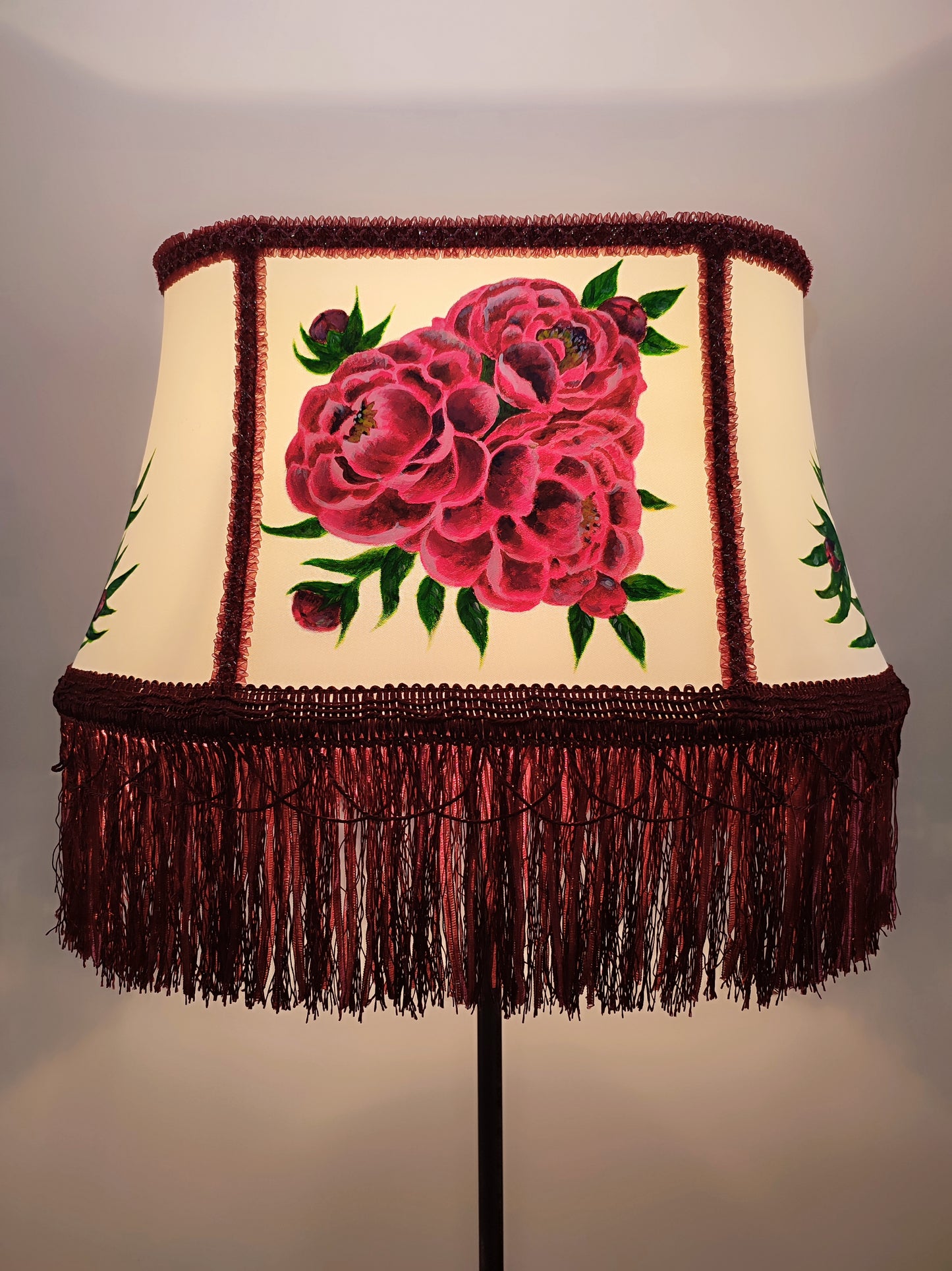 Fabric lampshade with painted peonies fringed lampshade. № 5304