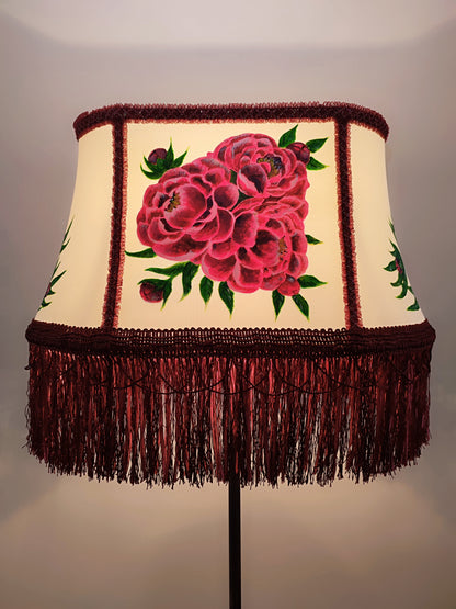 Fabric lampshade with painted peonies fringed lampshade. № 5304