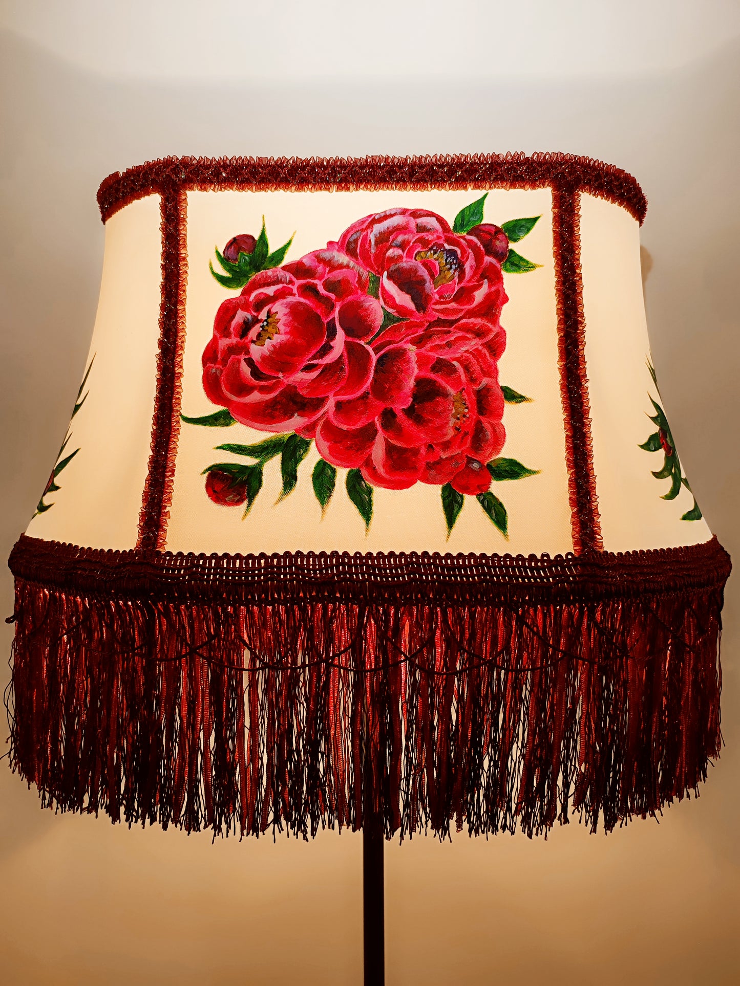 Fabric lampshade with painted peonies fringed lampshade. № 5304