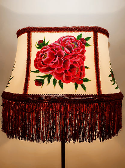 Fabric lampshade with painted peonies fringed lampshade. № 5304