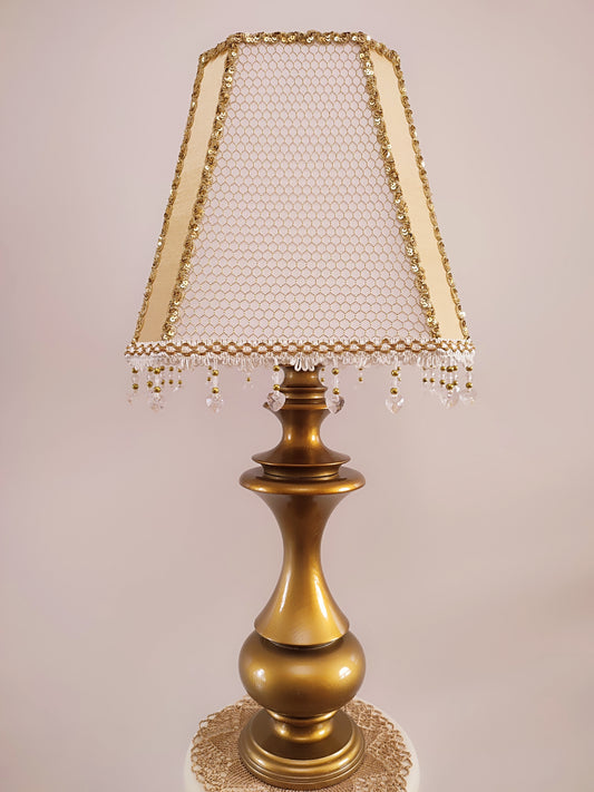 Bedside table lamp with wooden base and beige-gold fabric lampshade, handmade. № 6401