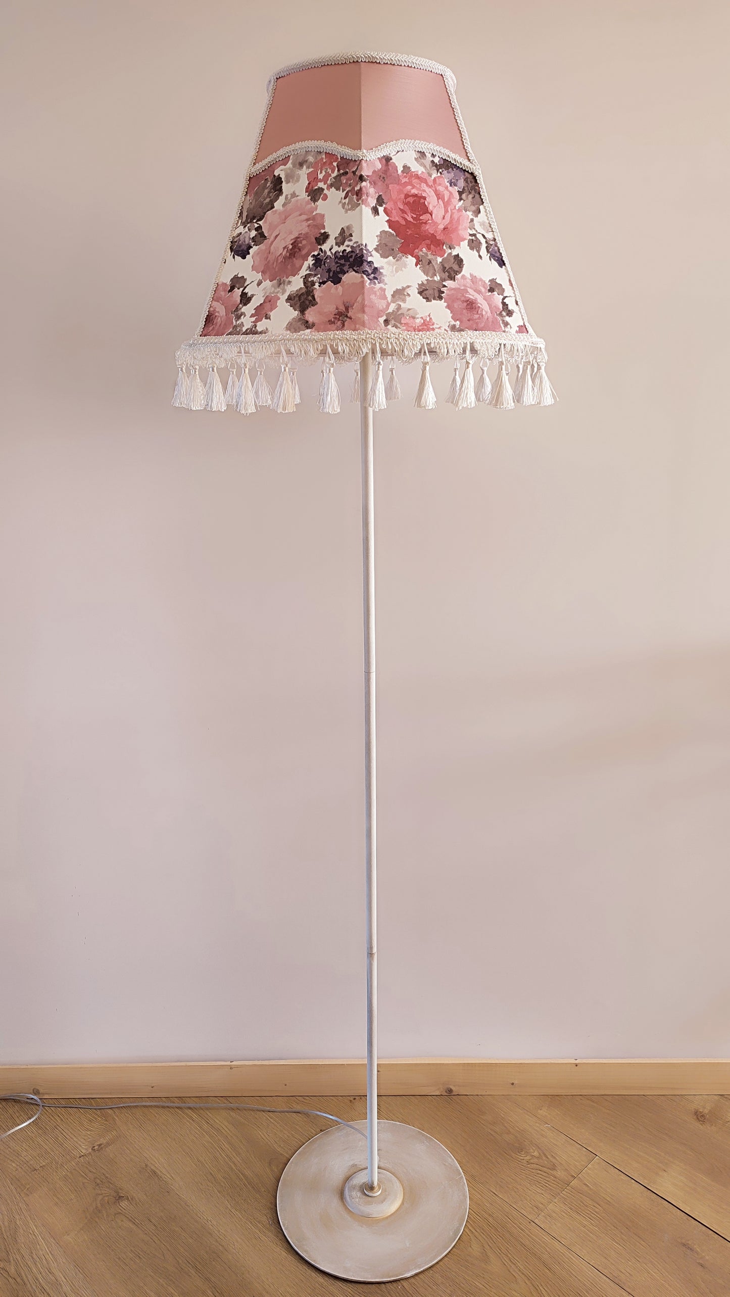 Handmade Victorian silk lampshade, floral print, fringe, cozy decor. № 3601