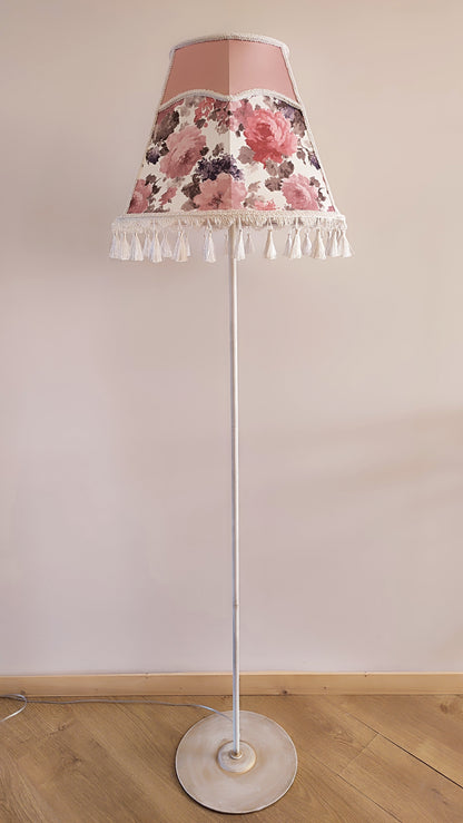 Handmade Victorian silk lampshade, floral print, fringe, cozy decor. № 3601