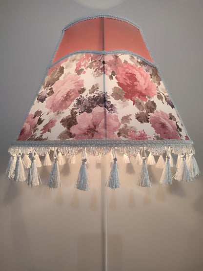 Handmade Victorian silk lampshade, floral print, fringe, cozy decor. № 3601