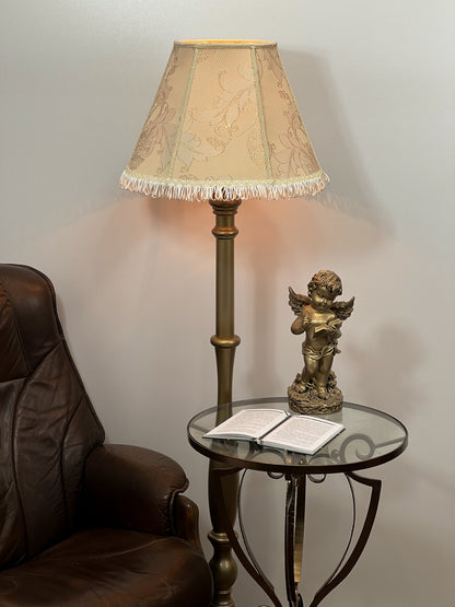 Victorian-style floor lamp with a patterned fabric shade. 3808