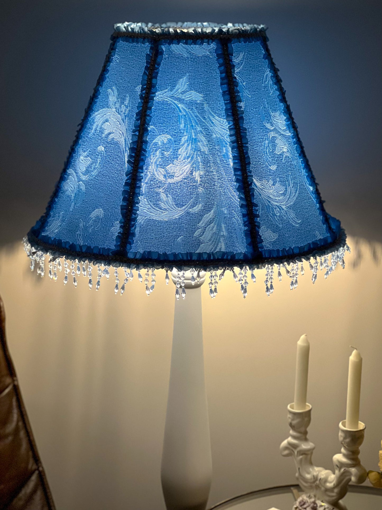 Blue fabric lampshade with beaded fringe. A unique lampshade in Victorian style. 3812